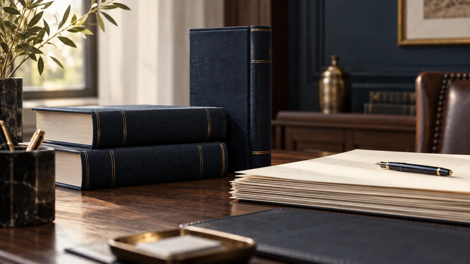 Livres et documents sur un bureau, illustration créée par IA