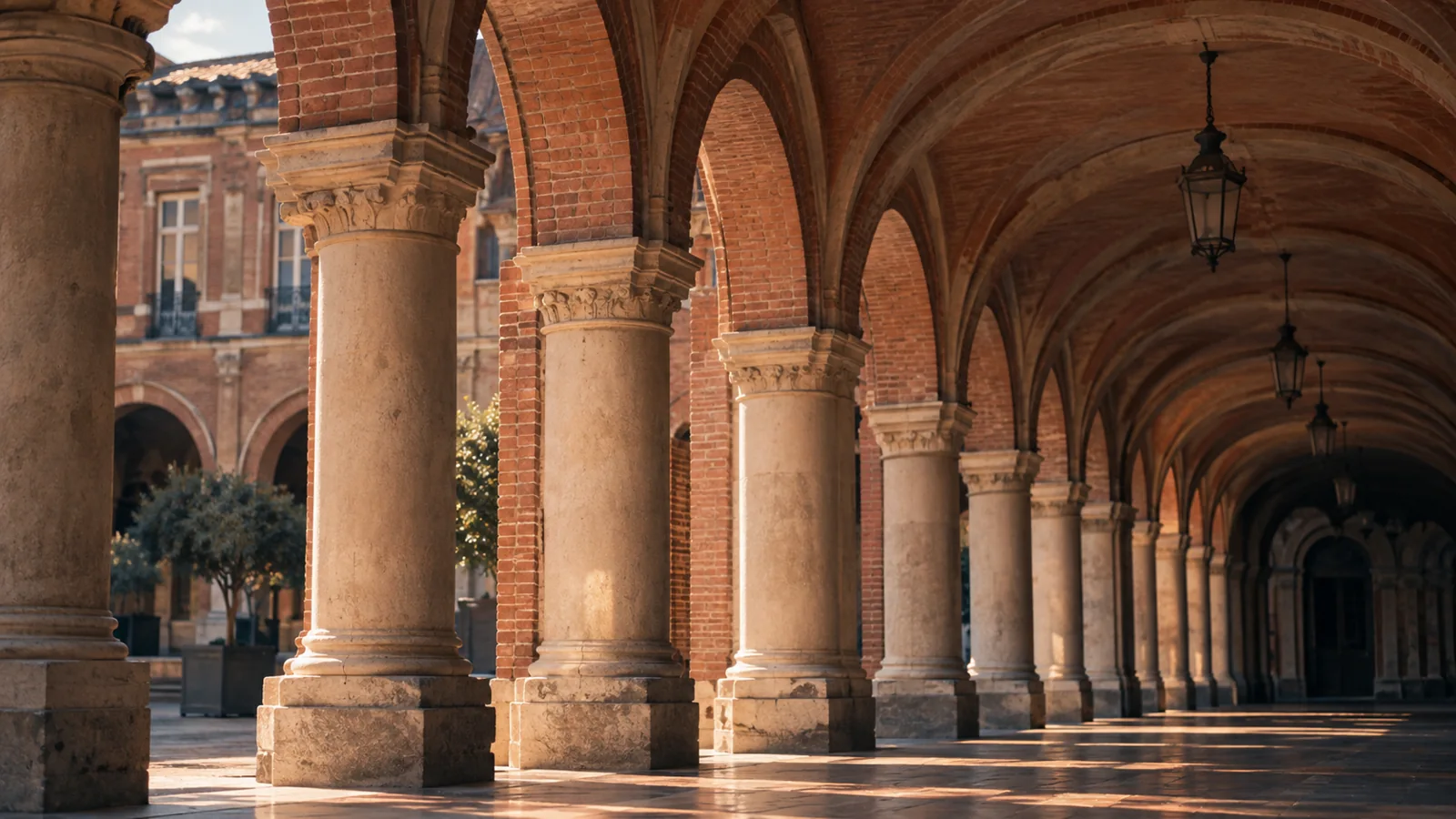 Arcades de briques roses inspirées de Toulouse, illustration créée par IA